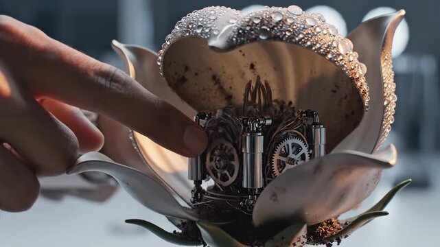 Hand touching bionic flower petal revealing intricate mechanical gears inside. Cybernetic bloom with clockwork mechanisms unfolding. Futuristic fusion of nature and technology for innovation concepts.