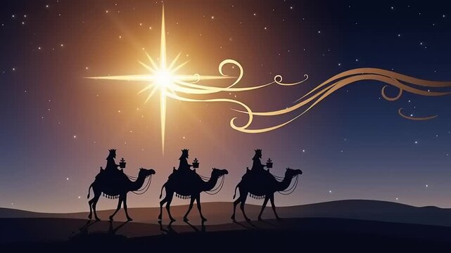Three wise men following star at night.