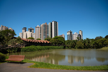 Fototapeta premium Urban Skyline and Lake in the Botanical Garden of Curitiba, Brazil