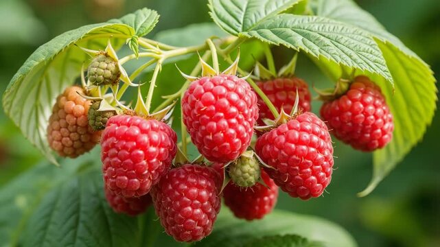 Fresh red raspberries growing on bush in summer garden  
