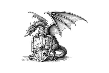 Intricate dragon guarding medieval shield with detailed wings