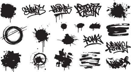 A raw collection of urban graffiti assets including hand-styled tags, messy paint drips, and gritty spray splatters. © Stud