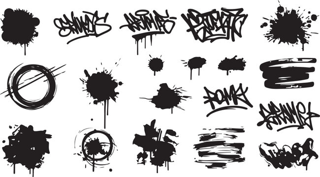 A raw collection of urban graffiti assets including hand-styled tags, messy paint drips, and gritty spray splatters.