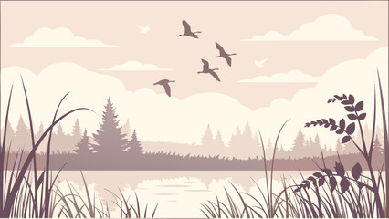 Serene monochromatic landscape depicting a tranquil lake reflecting muted skies while several geese fly gracefully across the horizon above dense forest silhouettes and foreground reeds.