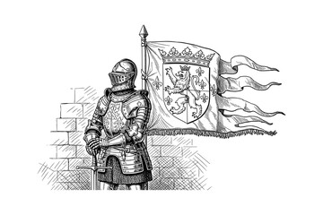 Medieval knight in armor with heraldic flag against castle wall sketch
