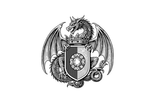Intricate heraldic dragon with shield emblem design in monochrome style