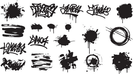 A raw collection of urban graffiti assets including hand-styled tags, messy paint drips, and gritty spray splatters. © Stud