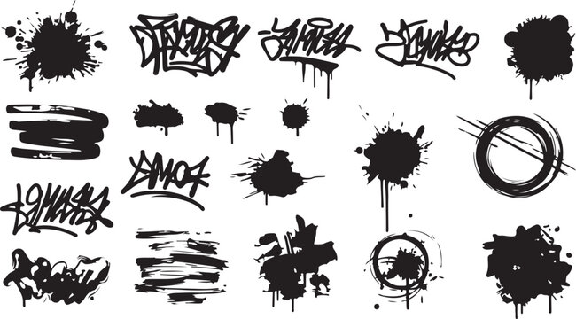 A raw collection of urban graffiti assets including hand-styled tags, messy paint drips, and gritty spray splatters.