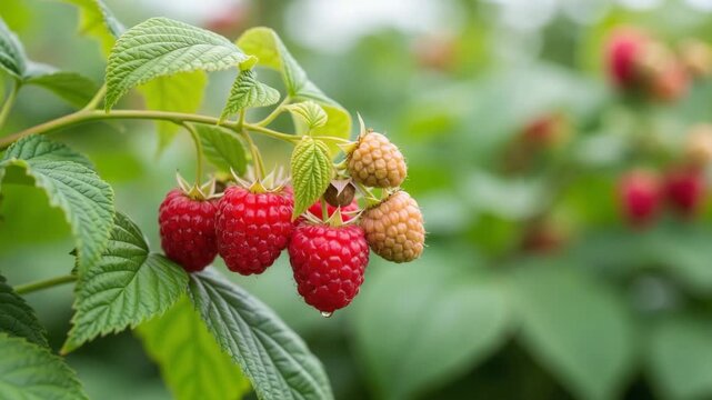 Ripe raspberries growing on a bush in a garden  
