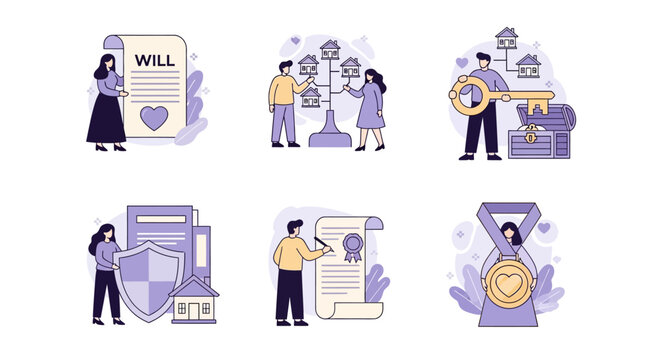 Six illustrations depict inheritance family assets legal documents and protection