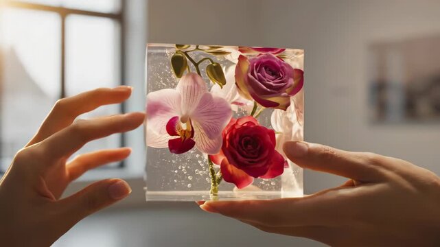 Hands holding transparent acrylic cube with preserved pink roses and orchids. Artistic floral display in resin block. Handcrafted decorative ornament concept.
