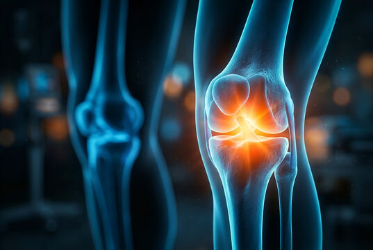 Knee pain relief concept with glowing inflamed joint showing injury and medical problem xray view for diagnosis Knee Pain Relief