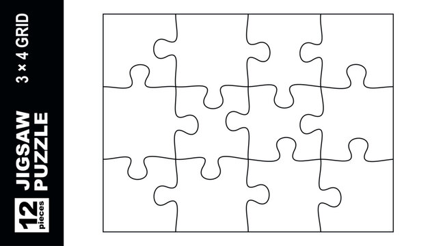 12 piece jigsaw puzzle template 3x4 grid rectangle vector layout isolated on white background clean outline design for print cutting educational presentation infographic business