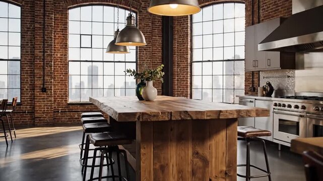 Spacious industrial loft kitchen with large windows and brick walls