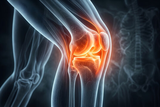 Medical xray of human knee joint with glowing orange inflammation, detailed bones and ligaments, vital for Knee Pain Relief.