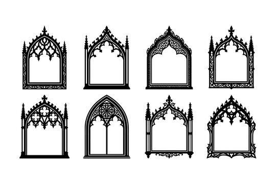 Set of gothic style silhouette window frames with ornate details and decorative patterns