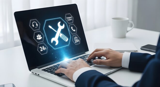 IT support and digital tools concept. Person using laptop with glowing wrench and screwdriver , representing system maintenance, tech service, customer support, and online troubleshooting in business