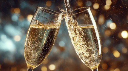 Naklejka premium Two crystal champagne flutes filled with sparkling wine clinking together with a festive bokeh golden light background for a joyful celebration toast during new years eve or a wedding event