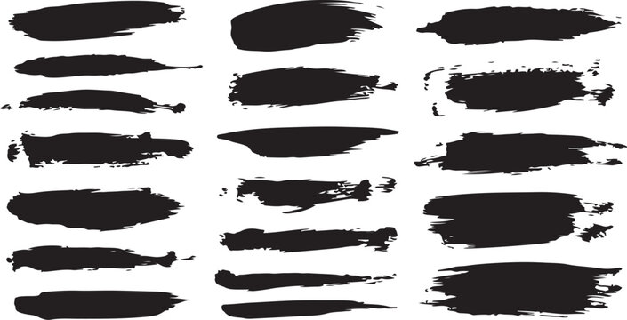 A collection of 21 unique, hand-painted black ink brush strokes featuring distressed textures and feathered edges.