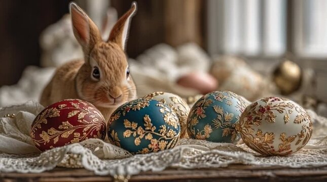 Cute bunny rabbit with ornate decorated Easter eggs on lace fabric