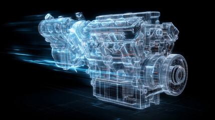 Futuristic wireframe hologram of a high performance internal combustion engine accelerating with motion blur effects on a dark background for engineering and automotive design concepts