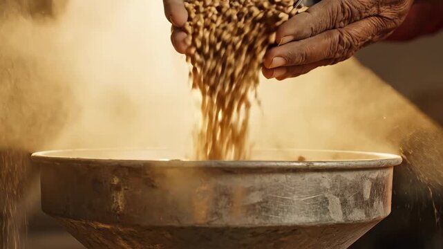 Hands pouring golden wheat grains into metal funnel in sequence. Agricultural grain processing and sifting concept for farming and food production.