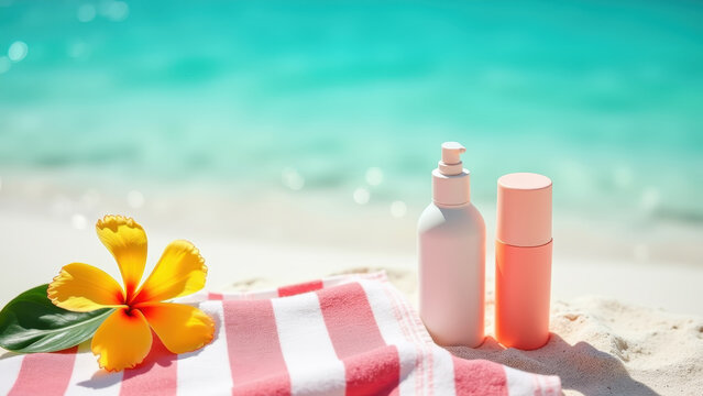 Summer coastal mockup with striped beach towel, sunscreen bottle and tropical flower on white sand, bokeh soft turquoise water background