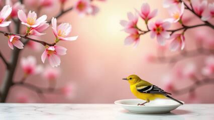 Fototapeta premium Spring mockup frame with blooming pink dogwood branches and yellow warbler bird on white ceramic surface, bokeh soft garden background