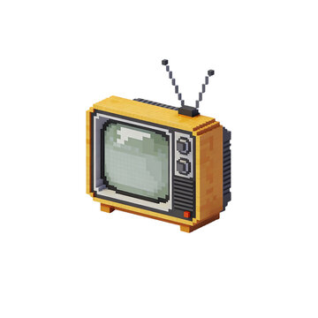 Retro television icon designed in colorful voxel 3D plastic style with small antenna and vintage screen. Isolated PNG clipart element suitable for media apps, broadcasting interfaces, entertainment