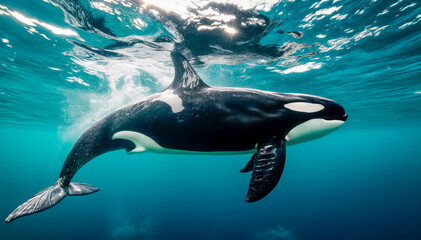 Obraz premium A majestic killer whale gracefully swims through the water, captured in slow motion
