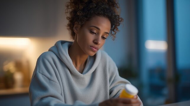 Single mother managing postpartum depression while preparing bottle in kitchen predawn, exhaustion visible, reaching for medication, ideal for maternal mental health, treatment access, and