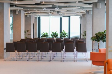 Empty corporate conference room during business seminar setup