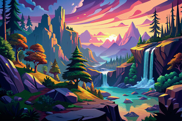 A snowy winter forest landscape illustration featuring a nature pattern of pine trees and snowflakes for a Christmas holiday card design