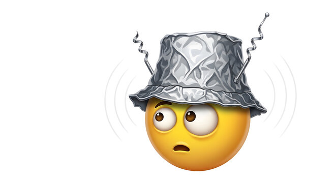 Yellow emoji face wearing a tinfoil hat with antennas looking suspicious
