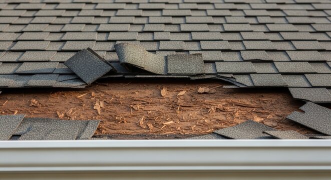 Closeup of damaged roof shingles with exposed brown underlayment material