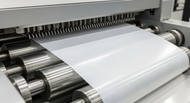 Industrial paper cutting machine with metal rollers in operation on white background