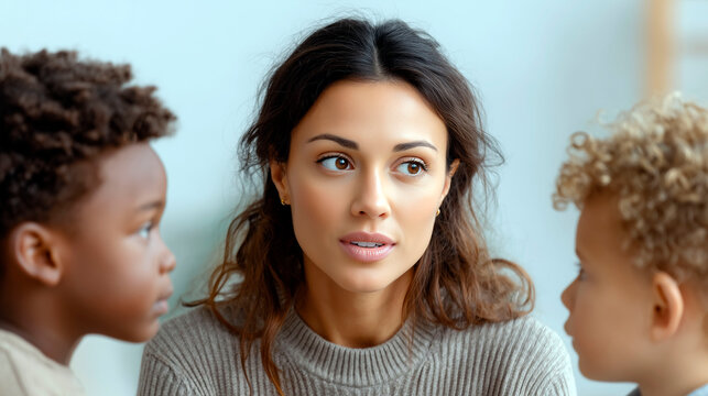 Concerned mother talking with two mixed race children discussing emotions and communication in supportive family environment