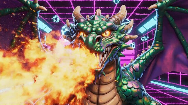 Green dragon breathing fire neon background.