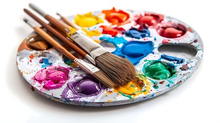 Obraz premium Artist's wooden palette with abundant vibrant paints and brushes, a close-up view of creativity