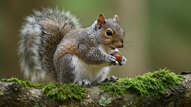 Fluffy Grey Squirrel Holding Acorn on Mossy Forest Log