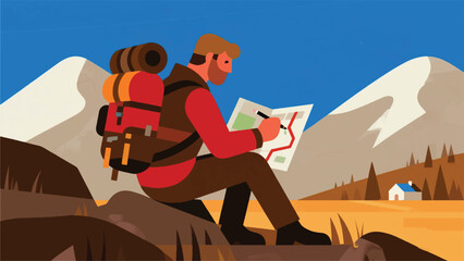 Fototapeta premium Illustration Of An Adventurer Sitting On A Rock While Marking A Route On A Map With A Pencil Vector Design Template