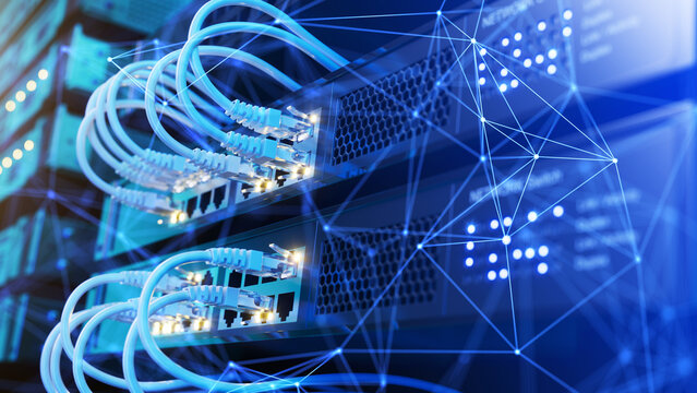 Network concept, Network switch and network cables in modern server room data center. 3d illustration