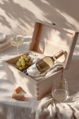 Elegant wooden wine box with white wine bottle in a warm still life scene