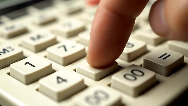 Macro Close Up Of Finger Pressing Number 5 On Calculator Keypad