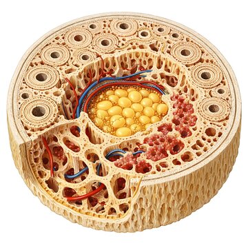 Cross Section Anatomical Illustration of Human Bone Structure showing Osteons, Bone Marrow, and Blood Vessels