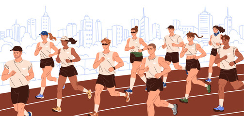 Fototapeta premium Joggers are running with cityscape sketch on background. Runners are jogging on track. Banner with marathon. Diverse people are rushing, athletes race in sports competition. Flat vector illustration