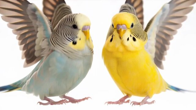 Budgerigar Parakeets Flapping Wings On White Background
