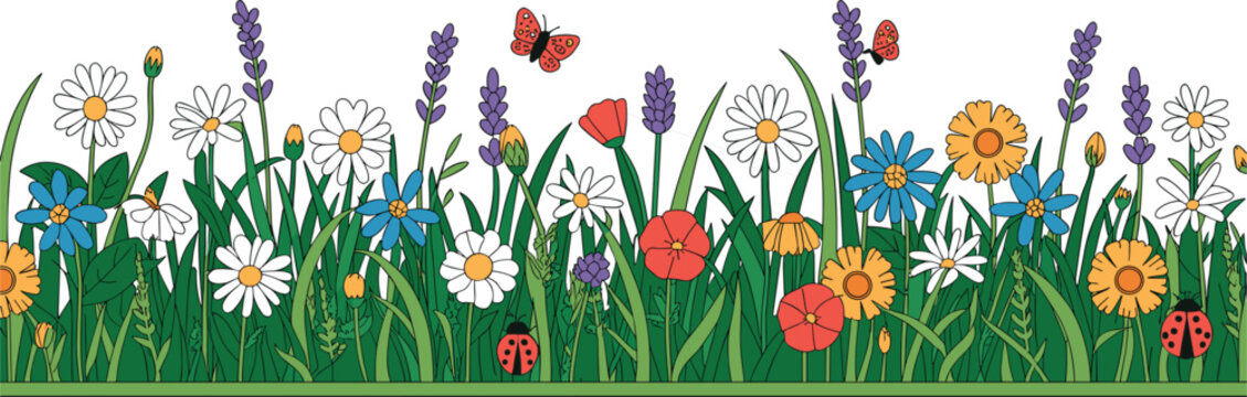 Vibrant Border of Wildflowers Lavender Butterflies and Ladybugs on Green Grass butterfly