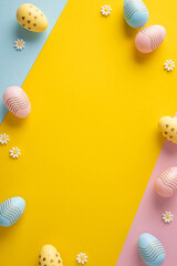 Fototapeta na wymiar Cheerful vertical Happy Easter setup featuring pastel painted eggs and small daisy decorations on a bright yellow background for seasonal greeting cards, invitations, flatlay mockups, spring designs