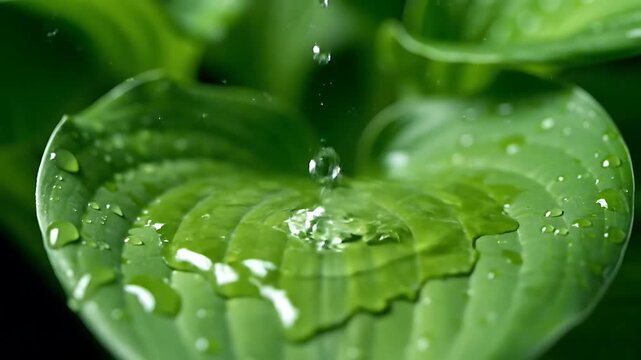 Macro Closeup of Heart-Shaped Hosta Leaf with Falling Water Droplets